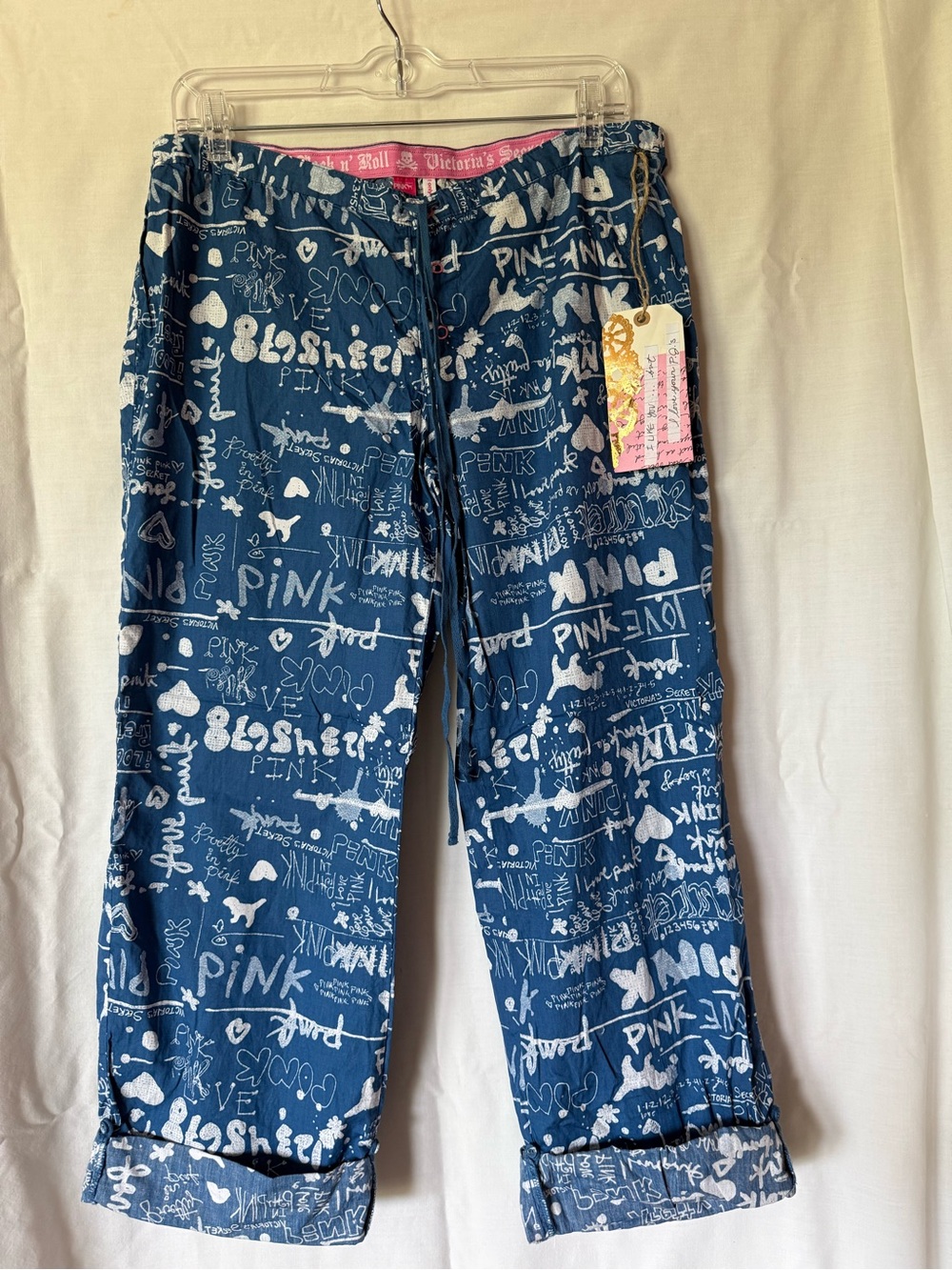 NWT Vintage Y2K Victoria's Secret PINK Blue Graffiti Lounge Pajama Pants M
